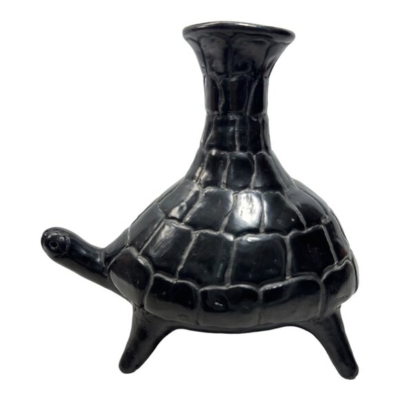 Barro Negro de Oaxaca Handmade Black Mexican Clay Tortoise VNTG Vase 7" H x 8" W - Picture 1 of 8